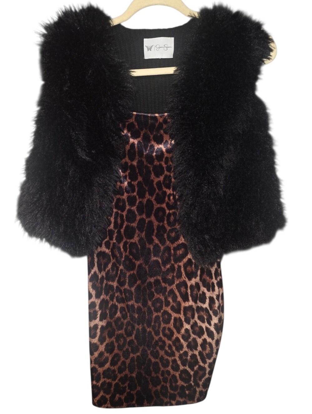 2 PCS Black Faux Fur Cropped Vest with Velvet Leopard-Print Mini Dress Size S